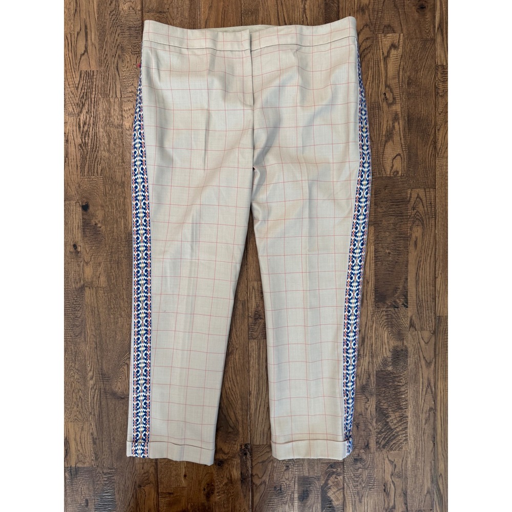 Tory Burch Window Pane Embroidered Tuxedo Stripe Ankle Pants Wool Size 12